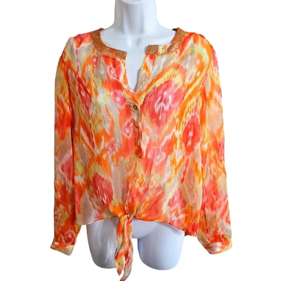 Chico’s Size 0 Small Orange Gold Chiffon Tie Front Blouse Boho Resort Sheer MOD - Picture 2 of 7